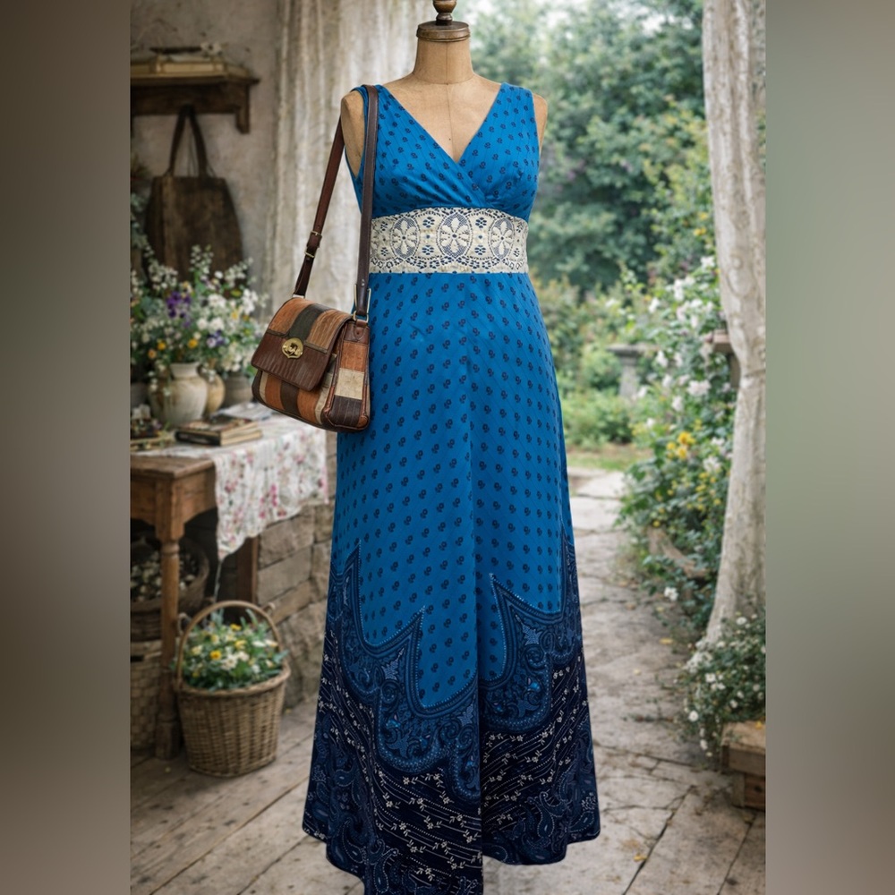 Vintage 1970s R-Modelle Paisley, Floral, Lace, Maxi Dress